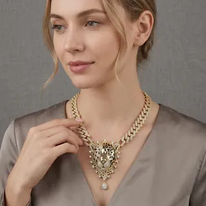 LAX DIORE JEWELS High Quality Custom <b>Silver</b> Cuban Link Chain Hip Hop Round Diamond Leopard Pendant and Necklace Set for Men-Gift - Product Image 1