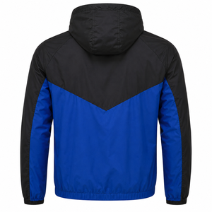 <b>Men's</b> <b>Black</b> Blue Color Blocking Hooded <b>Windbreaker</b> Jacket Waterproof Zipper Closure Sporty Style Front Logo Regular Fit Jacket - Product Image 3