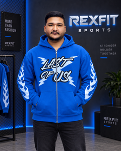 Sudadera con capucha azul personalizada para hombre, con cremallera, forro polar grueso, estampado gráfico de llamas en las mangas, estilo urbano, informal, para invierno. - Product Image 1