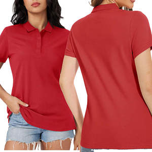 Polo à manches courtes pour femme, couleur unie rouge, décontracté, en coton Oxford, tissé uni teint - Product Image 3