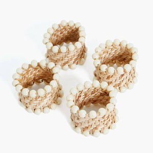 Elegant Look Rattan Beaded Napkin Rings Set Hot Trend Set of 4 Rattan <b>Cream</b> Napkin Rings - Product Image 1