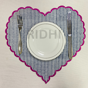 Ridhi Blue Stripe <b>Placemats</b> with Pink Embroidery Heart Shape Reusable Linen <b>Table</b> Mats Bulk Use <b>for</b> Hotel, Wedding & Home Events - Product Image 5