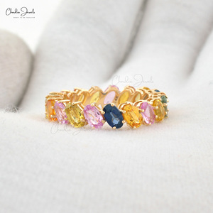 Anillo de Boda de Oro Fino de 14K con Múltiples Zafiros, Anillo de Eternidad Completo con Gema Ovalada de 6x4mm, Anillo para Mujer, Piedra de Nacimiento de Septiembre, Joyería Fina Clásica - Product Image 5