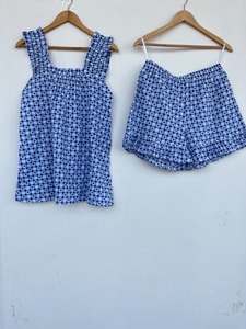 Women Blue Gingham Cotton 2 Piece Shorts Set <b>Heart</b> <b>Print</b> Sleeveless Ruffle Strap <b>Top</b> Elastic Waist Shorts Summer Lounge Set - Product Image 1