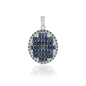 Pendentif de luxe tendance en argent sterling 925 avec saphir bleu naturel taille baguette et diamant rond - Product Image 1