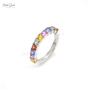 Envío Rápido, Anillo de Media Eternidad con Zafiros Naturales Multicolores de Corte Cuadrado de 3MM, Oro Blanco Sólido de 14K, Anillo de Bodas, Joyería en Stock - Product Image 2