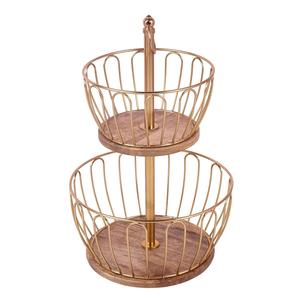 2-Tier Eco-Friendly Vintage Gold Wire Fruit Basket with Wooden Base Metal Countertop Holder & <b>Vegetable</b> Storage <b>Stand</b> - Product Image 2