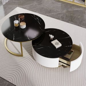 Tavolino da Caffè Moderno Rotondo con Cassetto, Nero e Oro Scanalato, 27,6 Pollici - Product Image 3