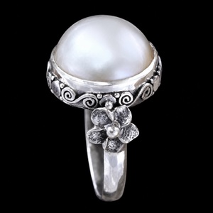 925 Sterling Silver <b>Moon</b> Pearl Flower <b>Ring</b> Handmade Boho Statement Jewelry Bridal Gift for Women - Product Image 1