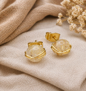 Golden Rutile Gemstone <b>Stud</b> Earrings | 8mm Wire Wrapped Golden Stone | Minimal Jewelry Gift - Product Image 1