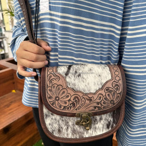 Sac à bandoulière en cuir usiné à cheveux le plus vendu pour femmes sac à main en cuir véritable occidental sacs à bandoulière en cuir de vachette à fleurs marron - Product Image 2