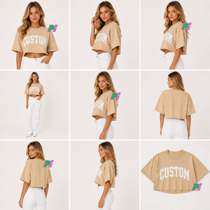 Camiseta Corta Beige para Mujer, con Estampado de Letras Personalizado, Cuello Redondo, Manga Corta, Corte Holgado, Informal, Primavera Verano, 100% Algodón Jersey - Product Image 4