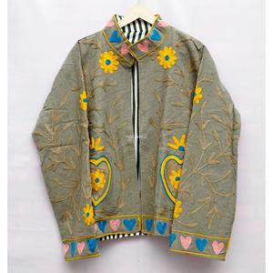 <b>Women</b> Embroidered Floral Hearts Mandarin Collar Long Sleeve Breathable Varsity <b>Jacket</b> Knitted Woven 100% Cotton - Product Image 1