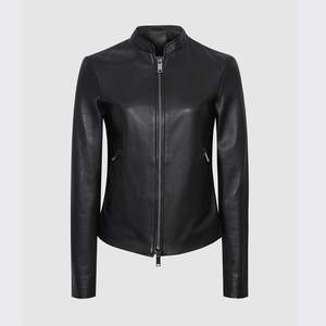Nueva Chaqueta de Cuero para Mujer, Primavera y Otoño, Corte Ajustado, Estilo Motociclista, Chaqueta de Cuero Genuino con Cierre y Cuello Camisero - Product Image 1