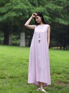 Vestido largo sin mangas con cuello redondo de lino y algodón para mujer, vestido largo holgado, ropa informal cómoda - Product Image 3
