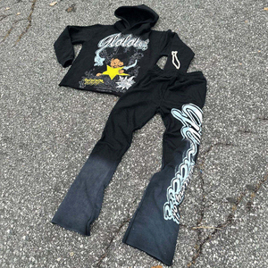 Ensemble sweat à capuche zippé et pantalon de jogging évasé personnalisable, en tissu épais, polyester/coton écologique, délavé à l'acide, pour l'hiver - Product Image 3