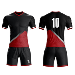Ensemble de maillot de football pour homme, noir et rouge, col en V, manches courtes, polyester respirant, coupe ajustée, toutes saisons - Product Image 1