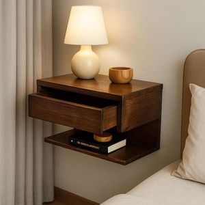 Modern Solid Teak Wood Floating Nightstand <b>Wall</b> Mounted Bedside <b>Table</b> with Drawer Storage for Minimalist Bedroom Furniture - Product Image 1