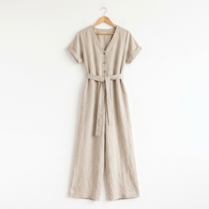 Mono de lino de cintura alta para mujer, de verano, liso, de pierna ancha, informal, OEM ODM, venta al por mayor, fábrica, marca privada | MOQ bajo - Product Image 3