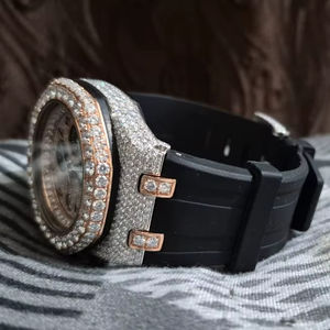 Montre pour homme de luxe automatique mécanique en or jaune de haute qualité avec bracelet en cuir, sertie de moissanite VVS couleur D, style hip-hop - Product Image 1