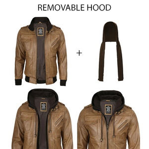 Veste en cuir marron pour homme de qualité supérieure avec capuche amovible, coupe ajustée, style vintage, veste de motard, veste bomber, manteau d'hiver décontracté - Product Image 6