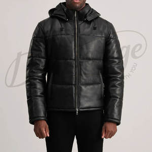 Veste en cuir matelassée noire pour homme avec capuche amovible, manteau d'hiver chaud et rembourré, veste de motard décontractée et tendance pour l'extérieur - Product Image 1