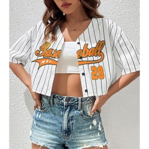 Women's White <b>Striped</b> Baseball Jersey <b>Crop</b> <b>Top</b> Short Sleeve V-Neck Button Front Breathable Summer Apparel Print OEM ODM 2026 - Product Image 6