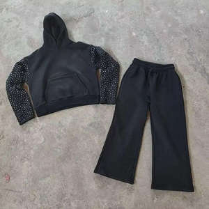 Survêtement noir pour filles, pantalon évasé effet délavé, sweat-shirt à manches à pois, coupe ample, tenue décontractée d'automne, longueur intégrale - Product Image 2