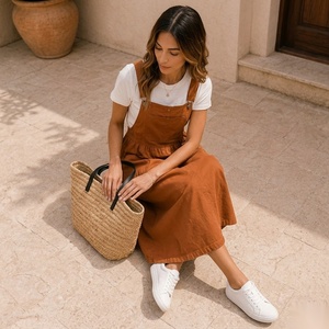 Robe midi tablier marron avec poches plaquées, taille élastique, coupe trapèze, décontractée, pour le printemps - Product Image 5