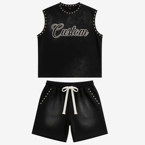 Ensemble short et débardeur personnalisé avec strass effet soleil délavé et impression numérique – Tenue d'été formelle respirante en maille de qualité supérieure pour homme - Product Image 2
