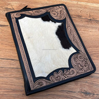 Portafolio de cuero de vaca con cremallera, carpeta de Padfolio A4, Carpeta de 3 anillas con bolsillo para tableta, carpeta de cartera con cremallera