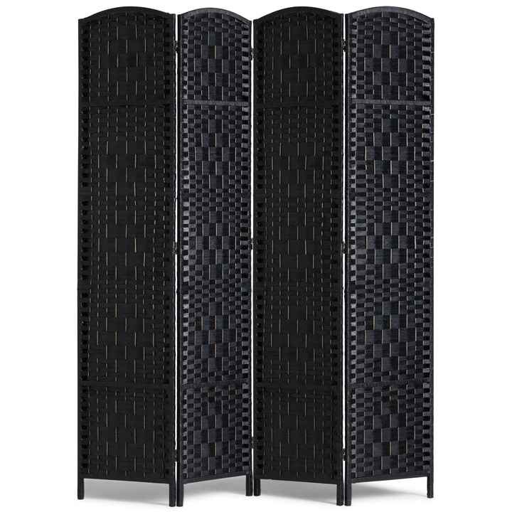 Hand-Woven 4-Panel Portable Freestanding Room Divider Black Folding Privacy Screens with Hinges Wall Divider for Room Separation