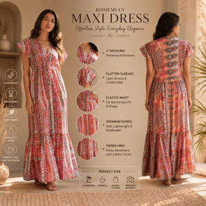 Premium Bohemian Maxi <b>Dress</b> for Women with Floral Ethnic Print Flutter Sleeves V Neck and Flowy Tiered Hem Summer Vacation Wear - Product Image 3