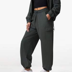 Pantalones Cargo Verde Oscuro para Mujer, Cintura Alta, Cordón Ajustable, Corte Regular, Largos, Color Sólido, Poliéster, Estilo Casual de Verano - Product Image 1