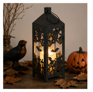 Vintage Black Metal Halloween <b>Candle</b> <b>Lantern</b> with Spooky Bat and Skull Cutouts Vintage Hanging Decorative <b>Lantern</b> For Party - Product Image 6