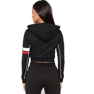 Ensemble de survêtement sportif noir pour femmes, manches longues, capuche, fermeture éclair sur le devant, pantalon de jogging avec poches latérales, respirant, en spandex et polyester - Product Image 3