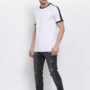 T-shirt blanc à manches courtes pour homme, col rond, bordure contrastée, coupe classique, coton, jersey tricoté, couleur unie, t-shirt décontracté - Product Image 4