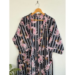 Printed <b>Animal</b> <b>Pattern</b> Breathable V-neck Belt Kimono Robe Maxi Length Loose Fit Long Sleeve 100% Cotton 300g <b>Knitted</b> Cover-Up - Product Image 3