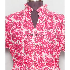 Robe courte bohème pour femme, coupe trapèze, 100% coton tricoté, imprimé numérique floral palmiers, col en V, manches courtes, idéale pour le bureau - Product Image 4