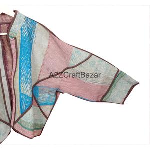 Traditional Eco-Friendly Cotton Kantha <b>Quilted</b> <b>Jacket</b> Color Blocking <b>Pattern</b> Vintage Kaya Woman's Mandarin Collar Autumn Winter - Product Image 3