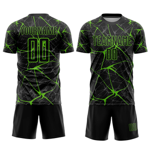 Sublimated <b>Soccer</b> Jersey Set Black Green Crack Pattern Crew Neck Short Sleeve Moisture Wicking Men's Adult Uniform - Product Image 2