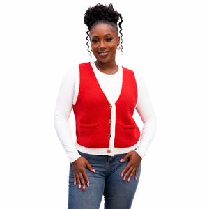 Chaleco de Punto Rojo para Mujer con Bolsillos, Botones en la Parte Delantera, Cuello en V, Suéter Informal de Manga Larga - Product Image 4