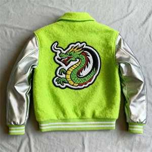 Veste de baseball décontractée pour homme en vert néon avec patch brodé de dragon et manches argentées - Product Image 3