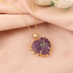 Heart Carved Gemstone Lepidolite With <b>Emerald</b> 18k Gold Plated Claw Setting Chain <b>Pendant</b> Wholesale Jewelry Gift For Birthday - Product Image 2
