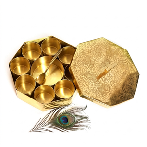 Luxury Octagonal Brass <b>Spice</b> <b>Box</b> <b>Indian</b> Traditional Masala <b>Box</b> Container Set with Spoon Embossed Lid Kitchen Storage <b>Spices</b> <b>Box</b> - Product Image 1