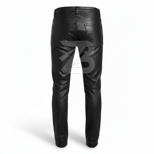 Pantalon slim noir en cuir PU et toile pour homme, 5 poches, cordon de serrage, fermeture éclair, écologique, imperméable, style streetwear, pantalon de motard - Product Image 3
