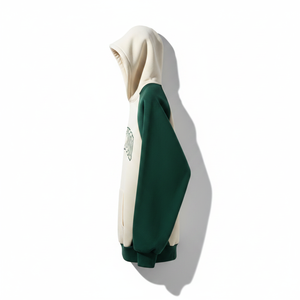 Crestwood Raglan Sleeve Hoodie <b>Men's</b> Oversized Cotton French Terry Casual <b>Pullover</b> with Front Pocket Green and Cream Color - Product Image 4