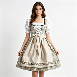 Robe Dirndl brodée respirante mi-longue pour femme, costume bavarois 3 pièces pour l'Oktoberfest, blanc, avec tablier beige à lacets, Trachten - Product Image 3
