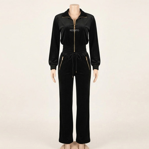 Ensemble de survêtement tricoté pour femme, style urbain, à manches longues, avec fermeture éclair, col à capuche, patchs unis, coupe ajustée, hiver, noir, 2 pièces - Product Image 1