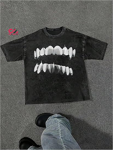เสื้อยืดผู้ชายทรงโอเวอร์ไซส์สีเทา CARE MASTER ลายพิมพ์รูปภาพสีขาว คอกลม แขนสั้น สไตล์สตรีท ผ้าคอตตอนเจอร์ซีย์ ทรงพอดีตัว - Product Image 1